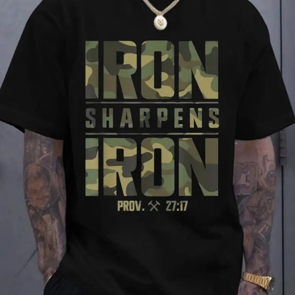 Black Graphic Tee with Camo Print - Men